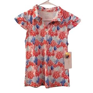NWT Gottex Top Shirt Golf Tennis Nautical Print Coral White Blues WM S Active